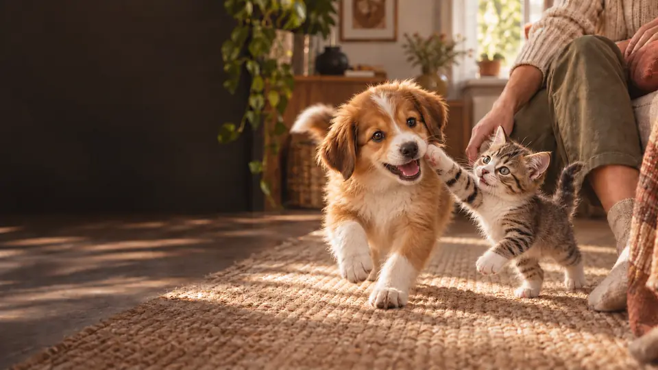 Un cachorro y un gatito jugando juntos en casa
